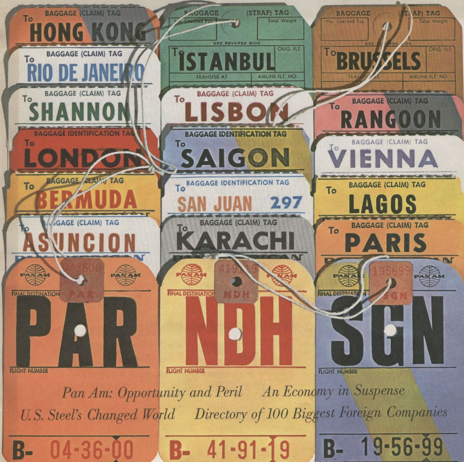 A photograph from the August 1962 issue of Fortune Magazine showing various Pan Am baggage tags.